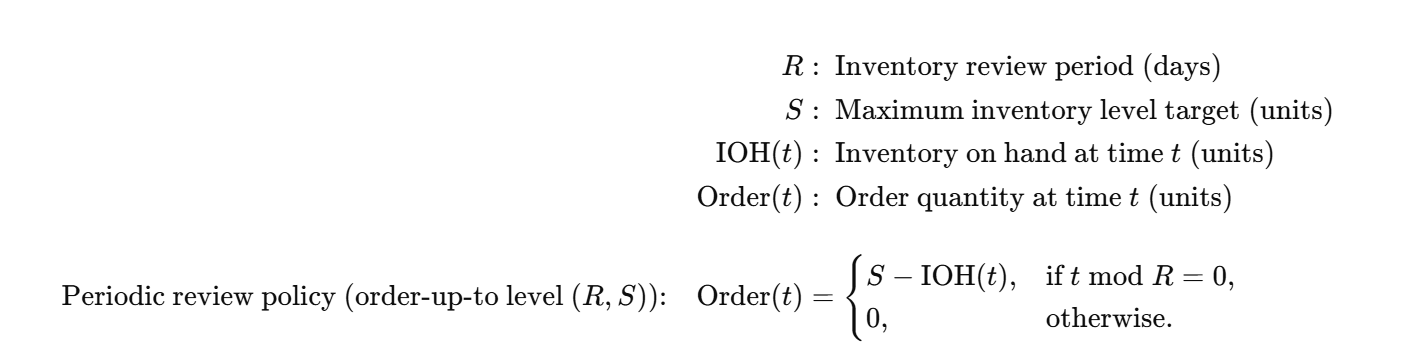 Equations explaining the periodic review inventory policy, known as the Order-Up-To-Level policy. It defines variables like R (inventory review period), S (maximum inventory level target), IO