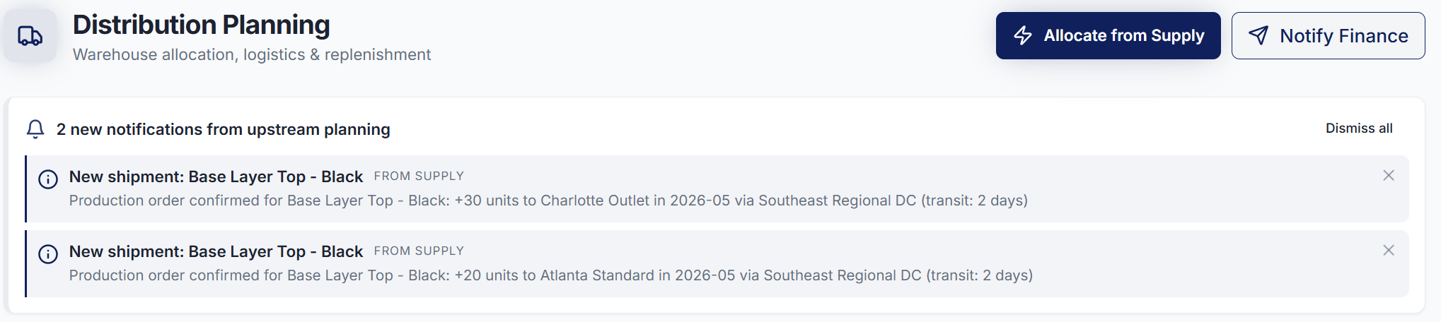 Distribution planning alerts showing two new shipments created for Atlanta and Charlotte from confirmed supply orders.