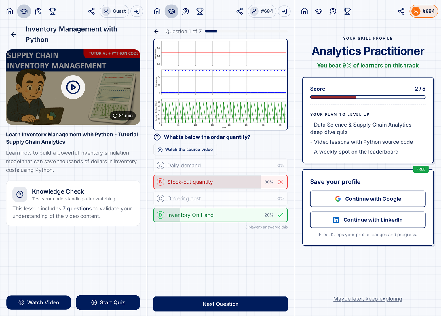The Supply Science app: a lesson, a question with its answer, your skill profile