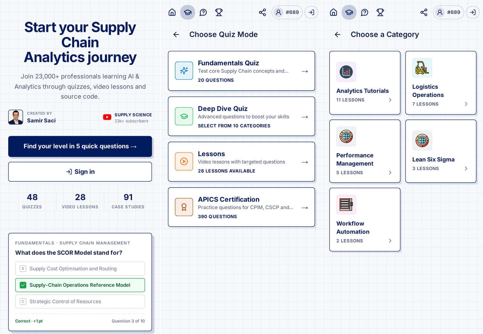 The Supply Science app: the home screen, the quiz modes and the lesson categories