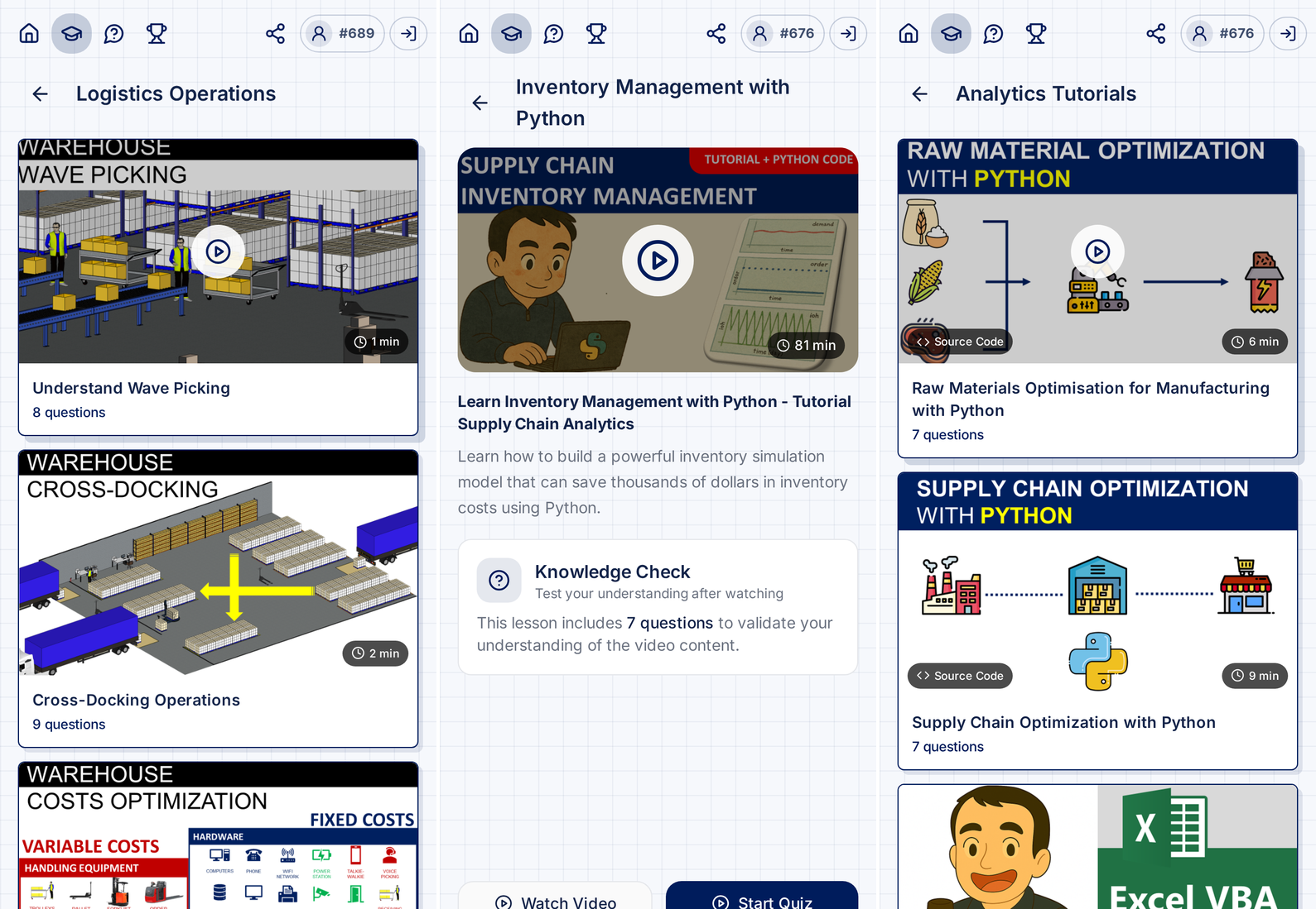 A lesson list, a lesson with its video and knowledge check, and the analytics tutorials