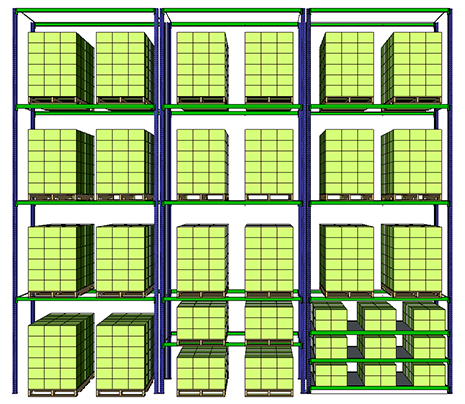 A warehouse storage system showing multiple racks filled with uniformly stacked pallets. The pallets are arranged in a vertical, three-level shelving unit, each containing boxes that are tigh