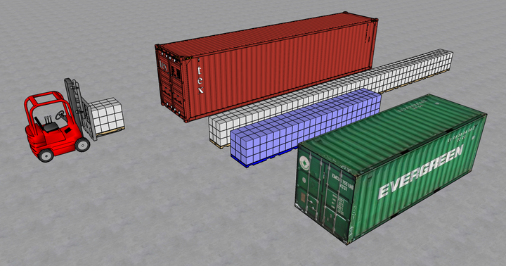A 3D rendering of two large shipping containers, one red and one green, with pallets stacked nearby. A red forklift is seen carrying a pallet toward one of the containers. This image visualiz