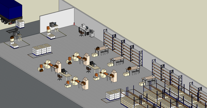 A 3D illustration of a warehouse layout featuring workstations, shelving racks, pallets, and forklifts. The workstations are arranged in the middle, with shelves containing boxes in the backg