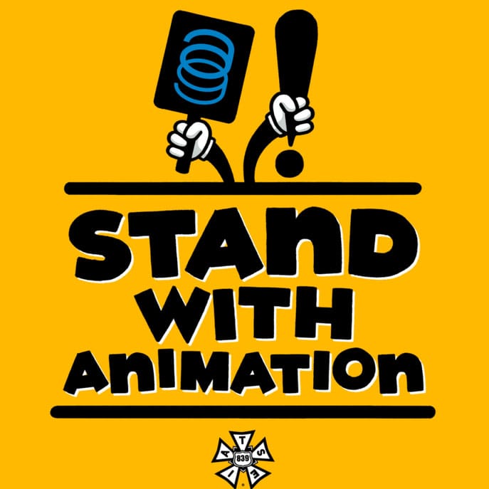 Cartoon hands holding the TAG spring logo and an exclamation point, the words “stand with animation”, and the IATSE local 839 logo on a yellow background