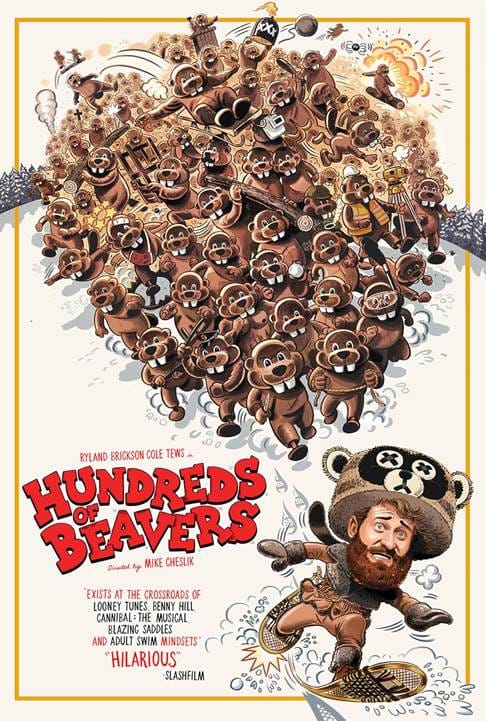 Movie poster for Hundreds of Beavers, showing a man in snowshoes and a giant racoon head hat being chased by a large crowd of human-sized beavers