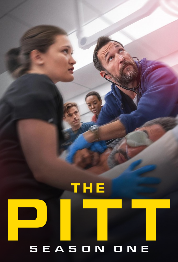 Actiony shot of the cast of The Pitt rushing a patient on a gurney through an ER