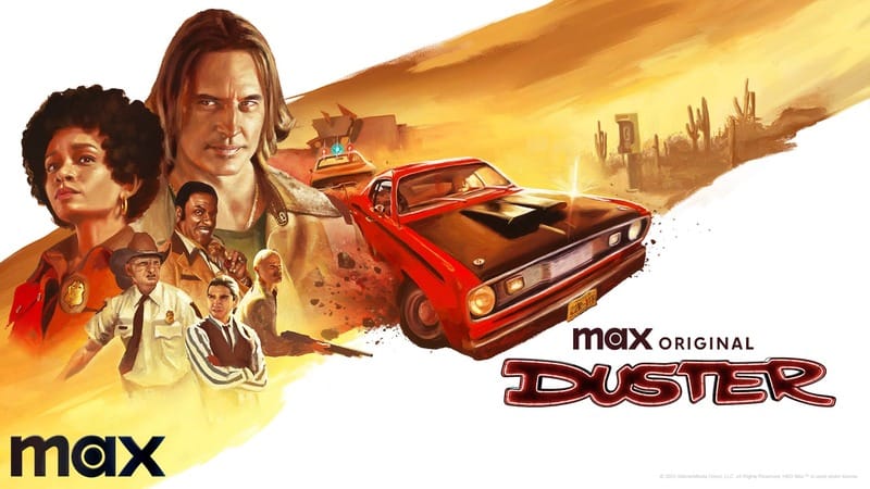Duster, a Max original, key art with the cast and titular car, and a desert, painted in classic 70s movie poster style