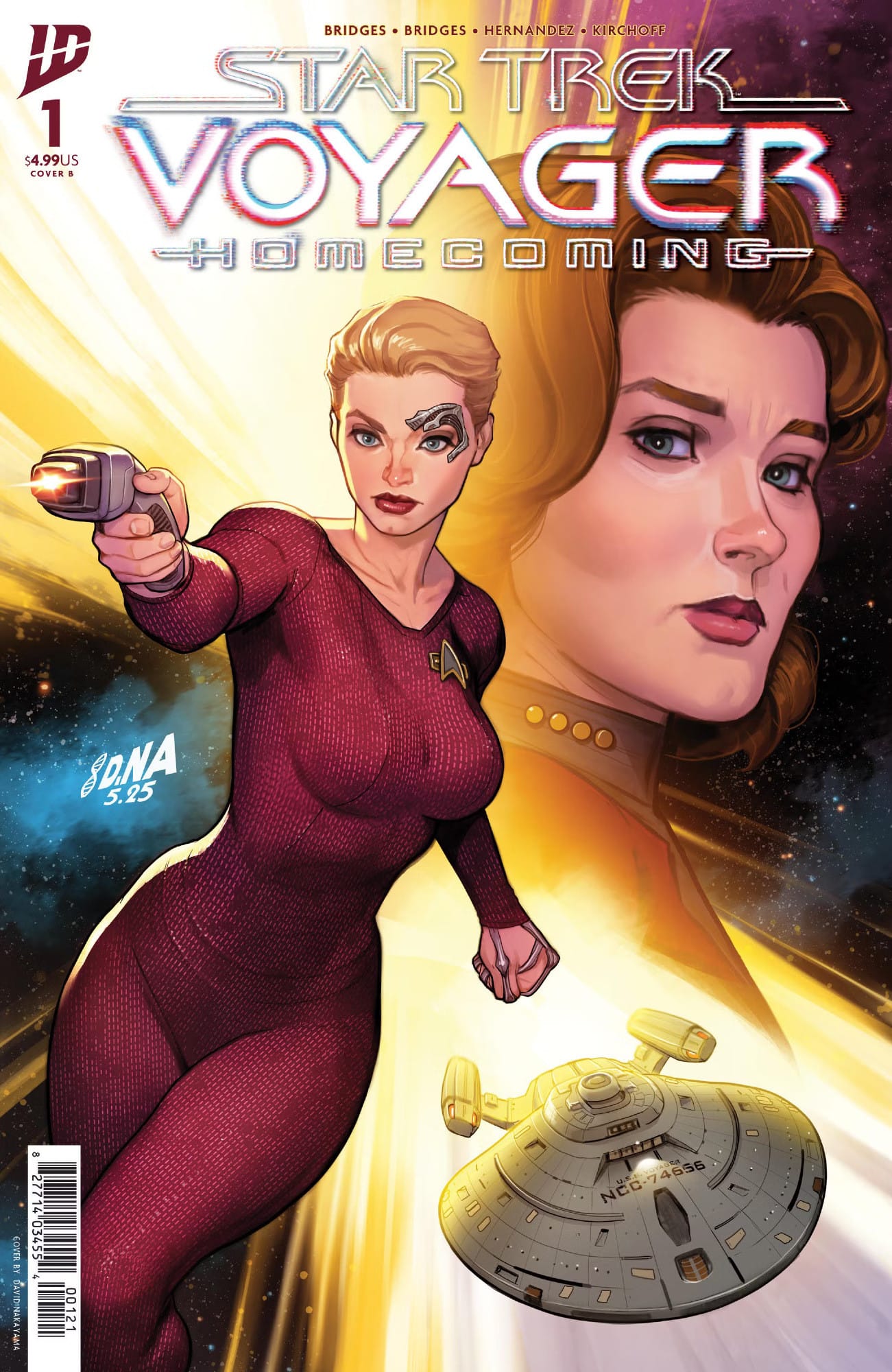 Variant cover of the upcoming Star Trek Voyager: Homecoming comic issue #1. Seven of Nine -firing a phaser. Behind her is a burst of light with Voyager flying away from it. Behind that, a steely-eyed Captain Janeway.