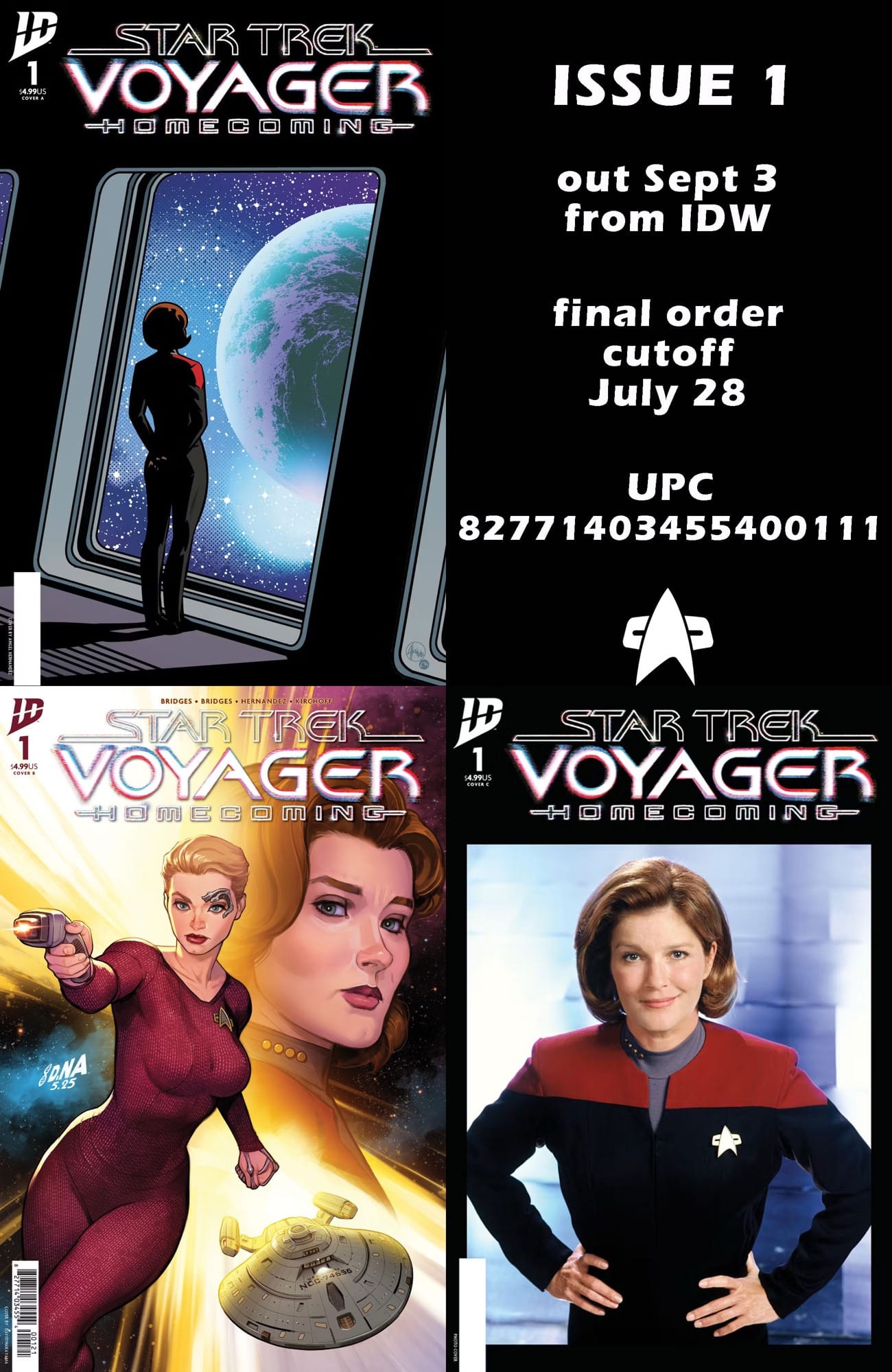 Three covers for Star Trek voyager homecoming issue 1 and the text: ISSUE 1 out Sept 3 from IDW final order cutoff July 28 UPC 82771403455400111