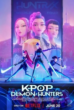 Key art for KPOP Demon Hunters on Netflix, with bright neon coloring, showing the three titular pop stars on stage, but with magic weapons for demon-slaying