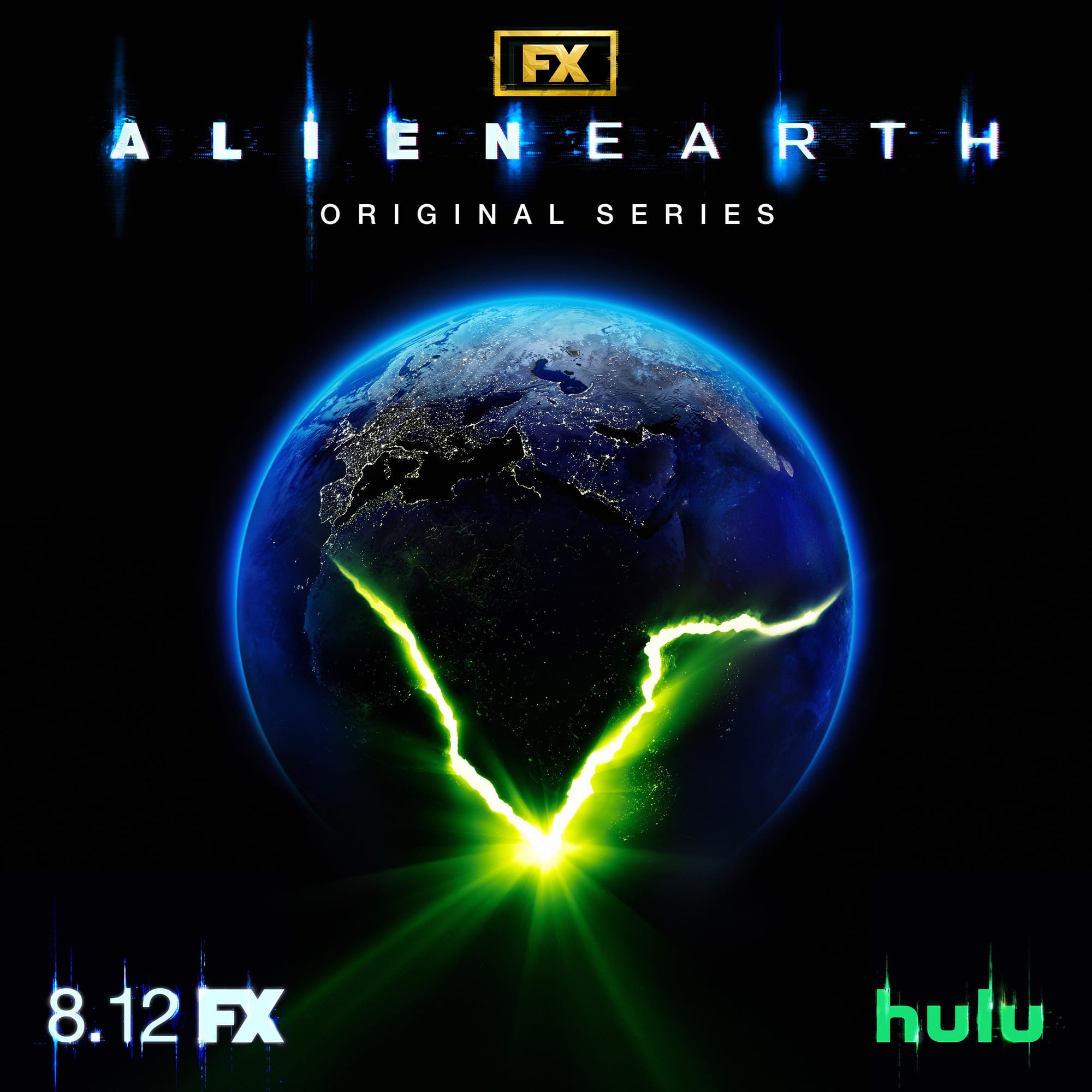 Key art for Alien Earth, showing the earth as seen from space, cracking open with a bright green light shining from within. An original series. 8.12 FX, hulu.