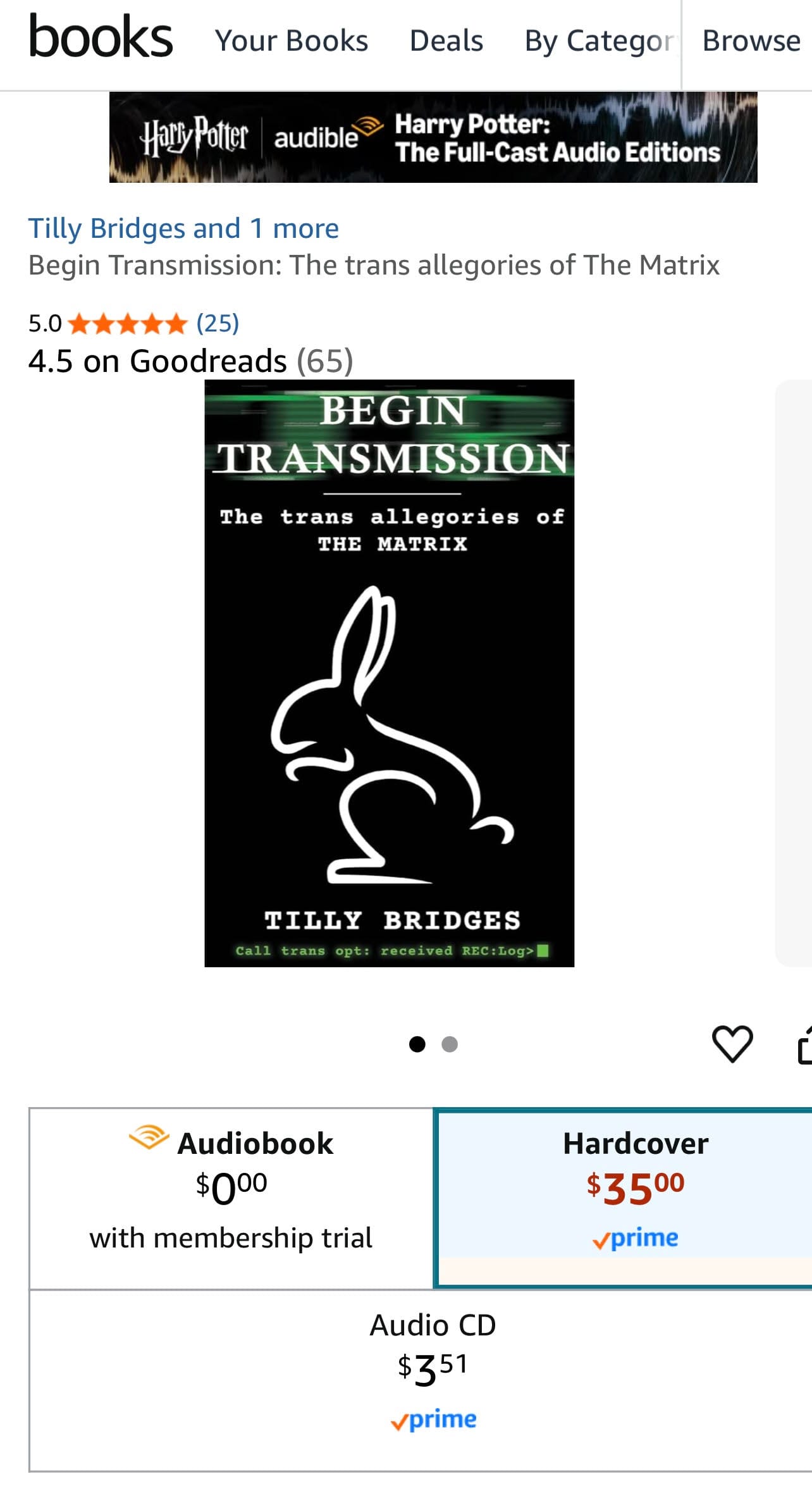 A screenshot of Begin Transmission for sale on Amazon, showing only audiobook, audio cd, and hardcover formats, and only 25 5-star reviews