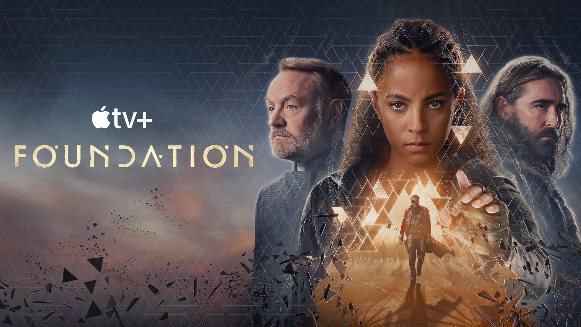 Key art for Foundation on AppleTV, showing Hari Seldon, Gaal Dornick, Cleon, and the Mule