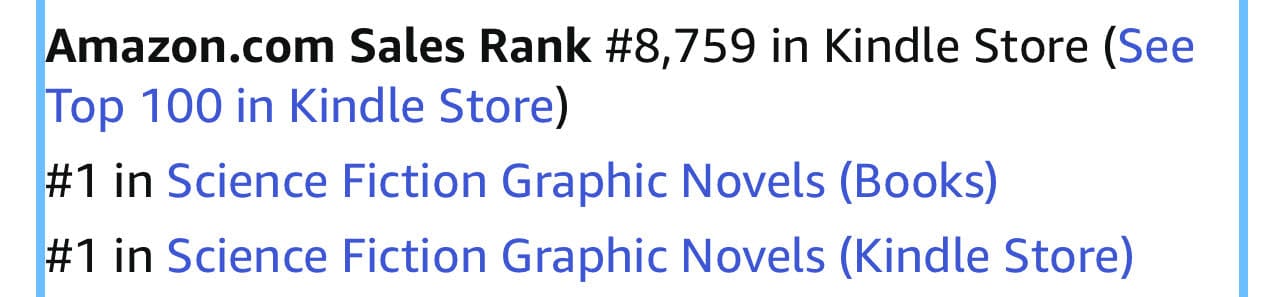 Amazon Sales Rank #8769 in Kindle store, #1 in science fiction graphic novels (books) and #1 in science fiction graphic novels (kindle store)