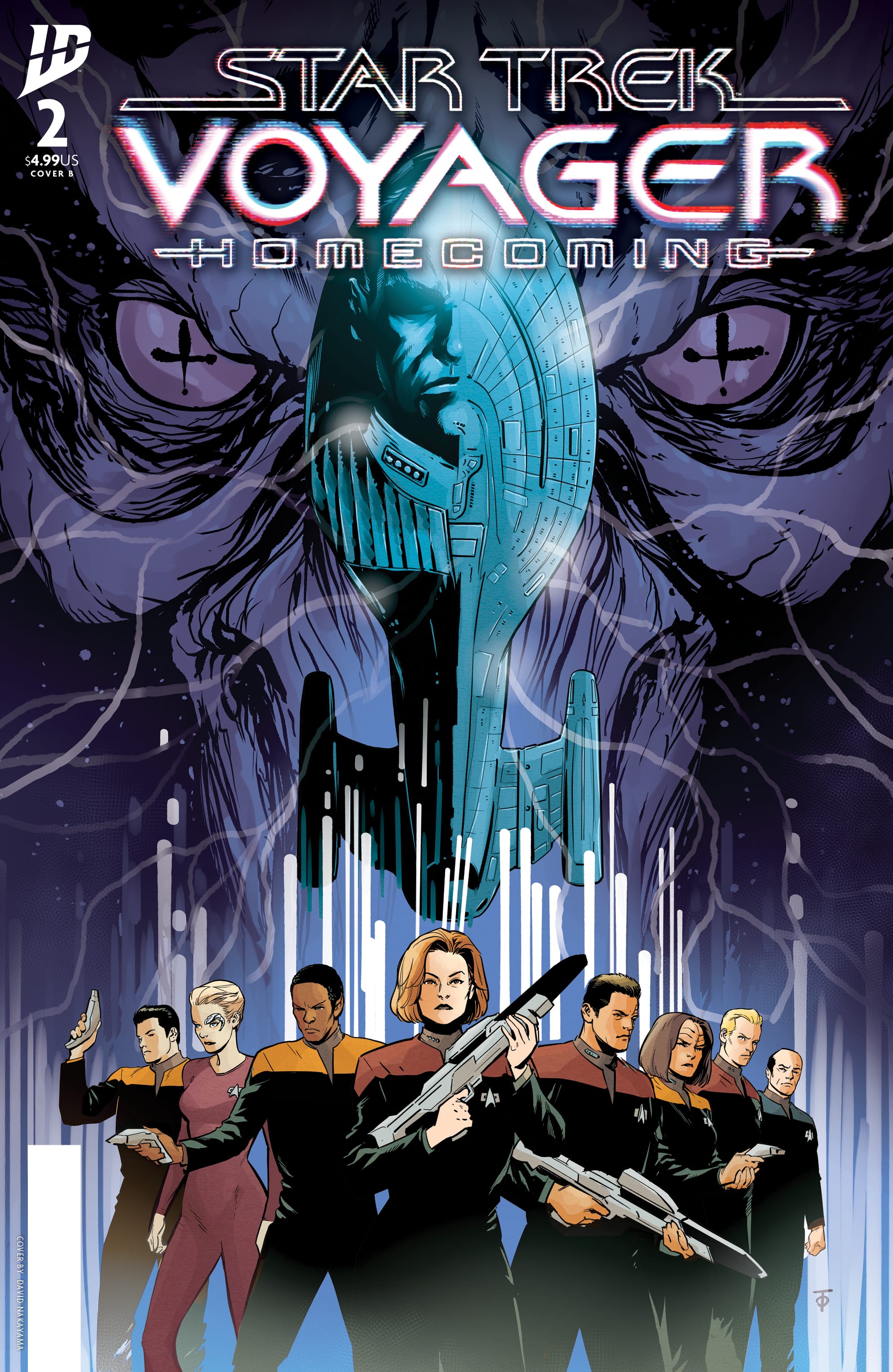 Voyager Homecoming issue 2 Marcus To cover, showing the Voyager crew armed with phasers on the bottom. Behind them, Voyager flies vertically toward the top of the cover, with a giant alien Species 8472 face looming in the background. A portion of Voyager's saucer section hull is made to look like half of a Starfleet Admiral's face