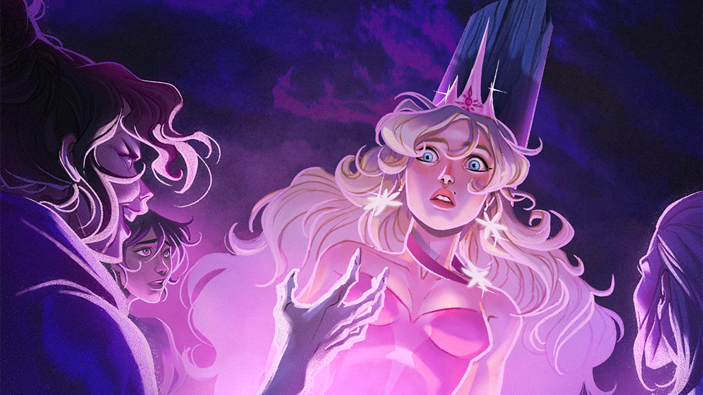 Comic art of a very pink witchy lady looking at a clawlike hand reaching toward her, as people look on