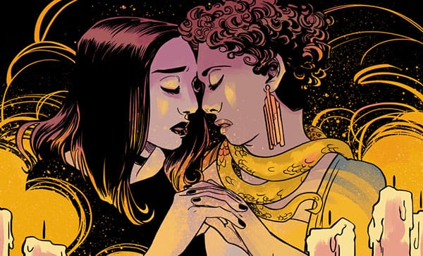 Two women holding hands and touching foreheads, eyes closed, candles in the foreground, with wisps of candlelight arcing through the darkness around them