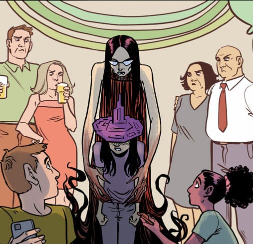 A small child at a party, in a purple witch hat, with a creepy adult woman behind her. the woman's dress is turning into tendrils on the bottom, and her fingers are creepy, elongated, and claw-like