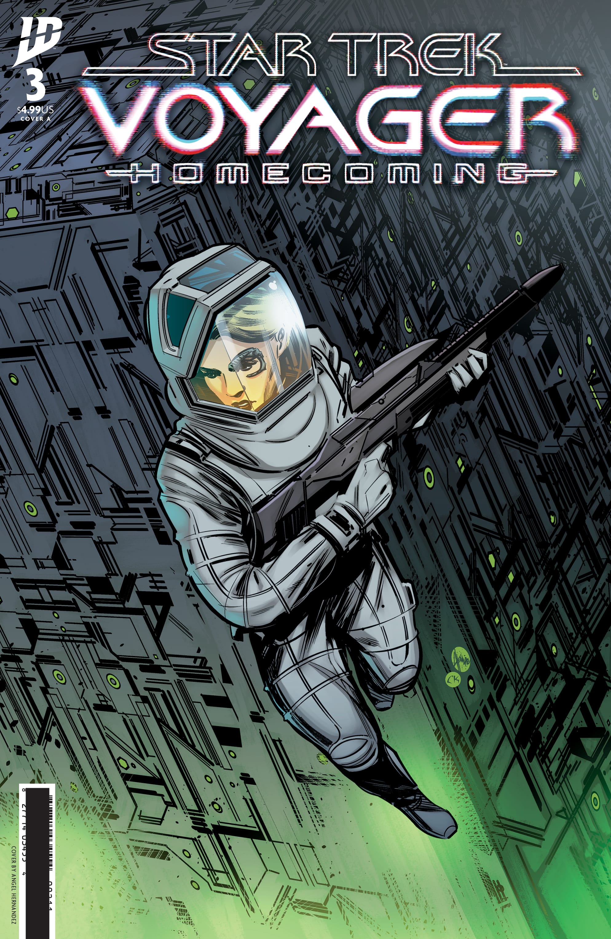 The main cover for Voyager Homecoming issue 3, showing Seven of Nine in an EVA suit, holding a phaser rifle, floating in front of a Borg cube.