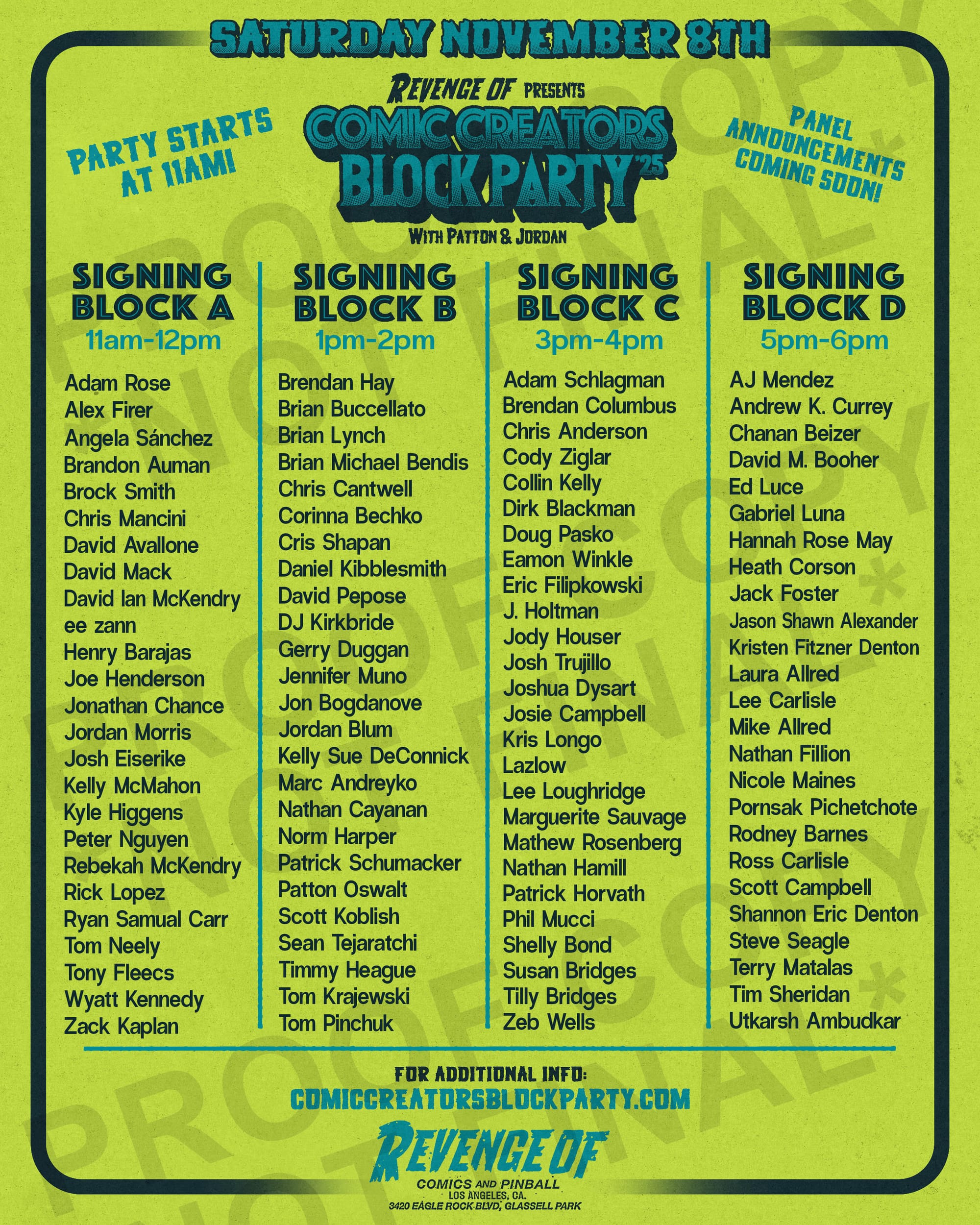 Full creator appearance listing, with signing times, for the comic creator’s block party at Revenge of Comics and Pinball on Nov. 8