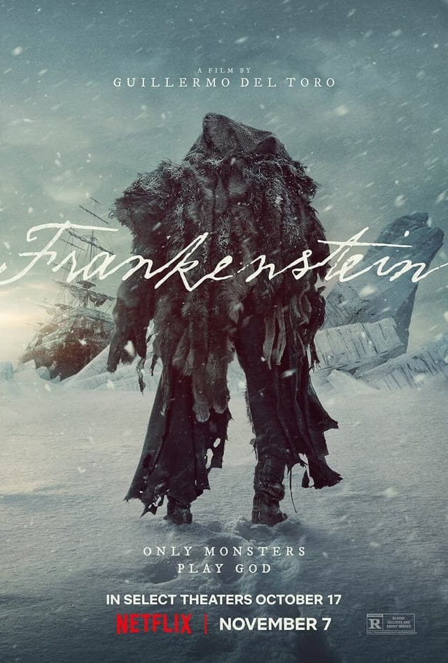 Key art for Frankenstein, showing the creature dressed in furs, roaming the arctic, heading toward a ship trapped in the ice