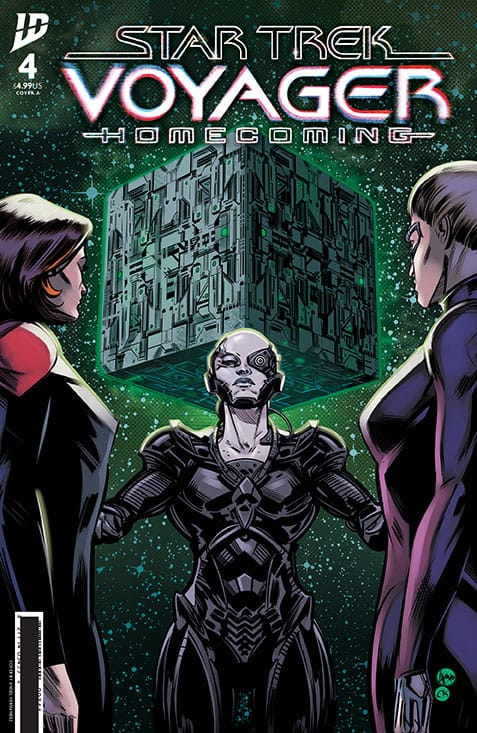 Main cover for Star Trek Voyager Homecoming issue 4, with Janeway and Seven looking at a borg drone, standing in front of a borg cube.