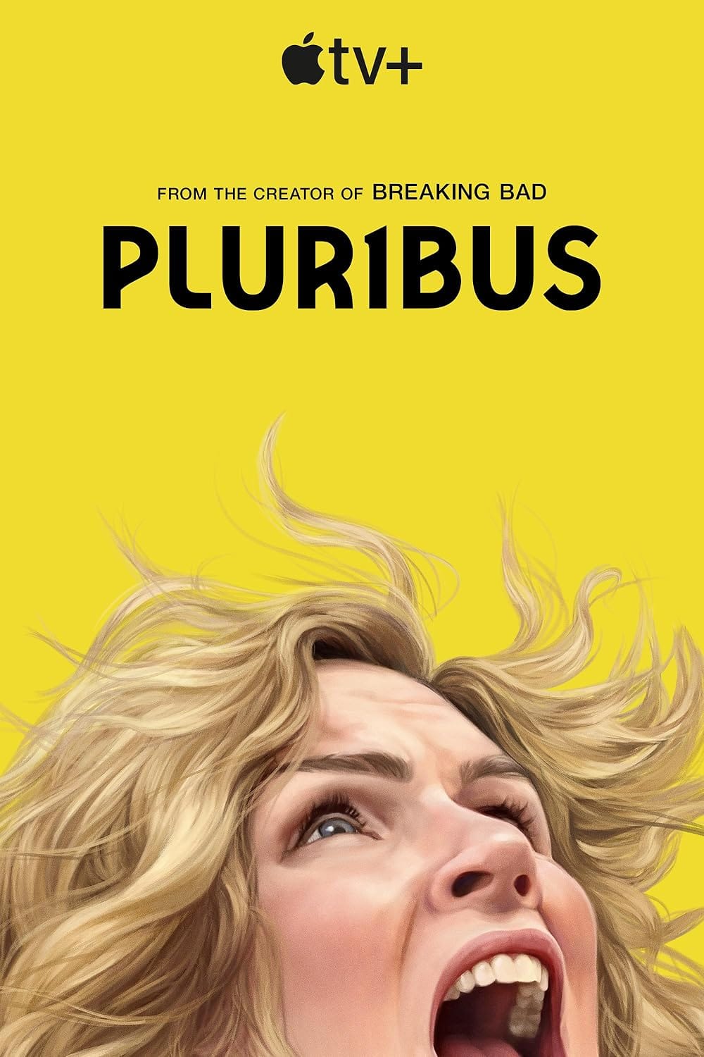Key art for Pluribus on AppleTv, showing the top half of Rhea Seehorn’s face as she yells in anger and fear, on a yellow background.