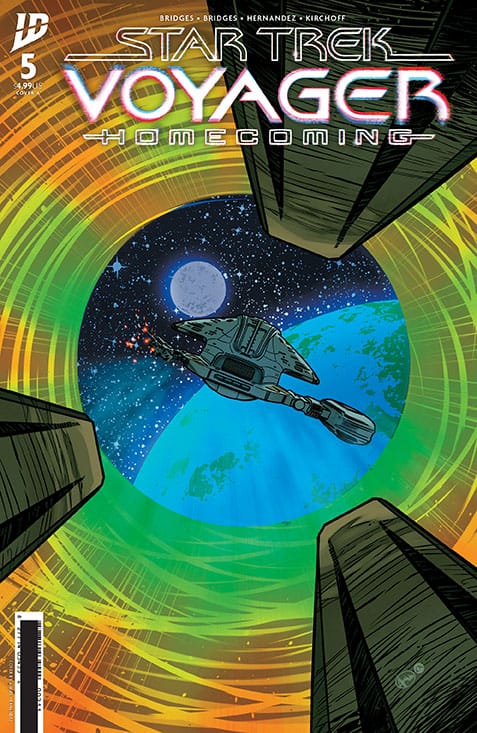 Cover to Star Trek Voyager: Homecoming issue 5, showing a damaged voyager leaving fluidic space and heading for earth.