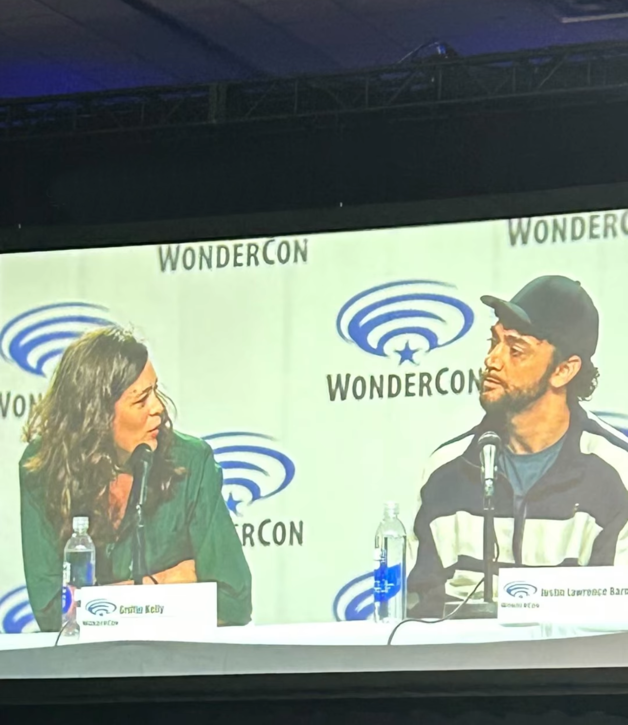 Video of Griffin Kelly and Justin Lawrence Barnes up on one of the film screens during the panel