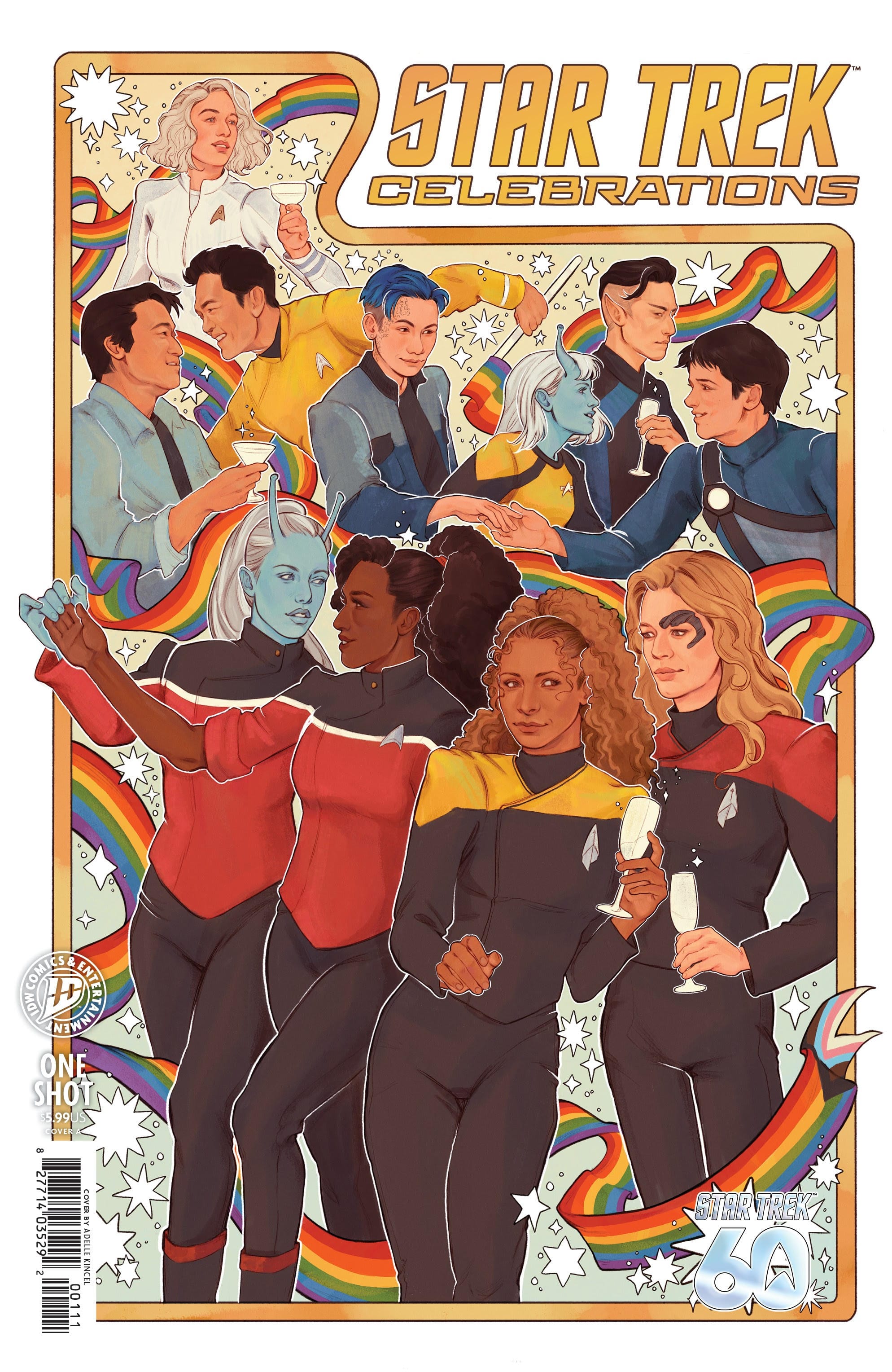 Star Trek celebrations 2026 one-shot from IDW cover A, showcasing many of the LGBTQIA+ characters in Star Trek