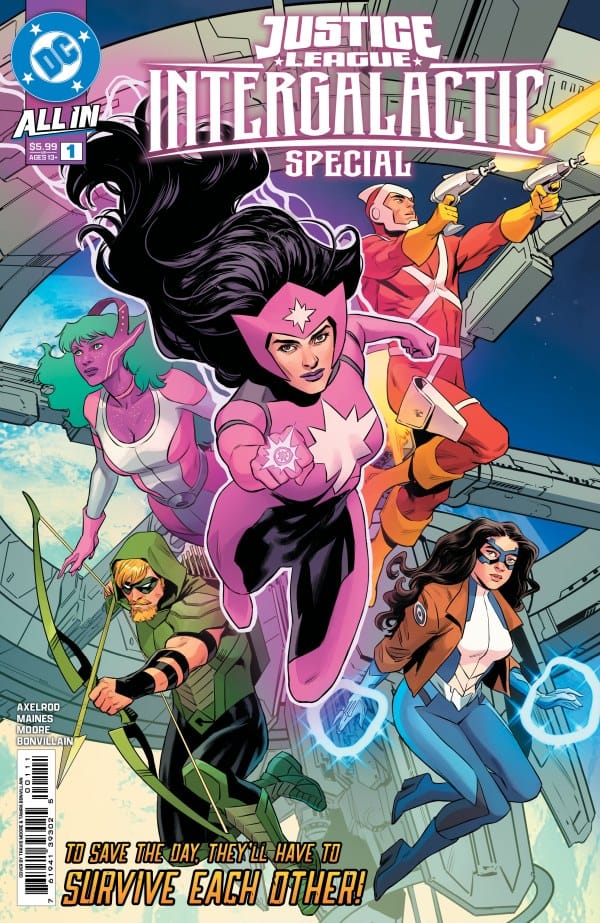 Justice league intergalactic special one shot cover, showing galaxy, dreamer, star sapphire, adam strange, and green arrow