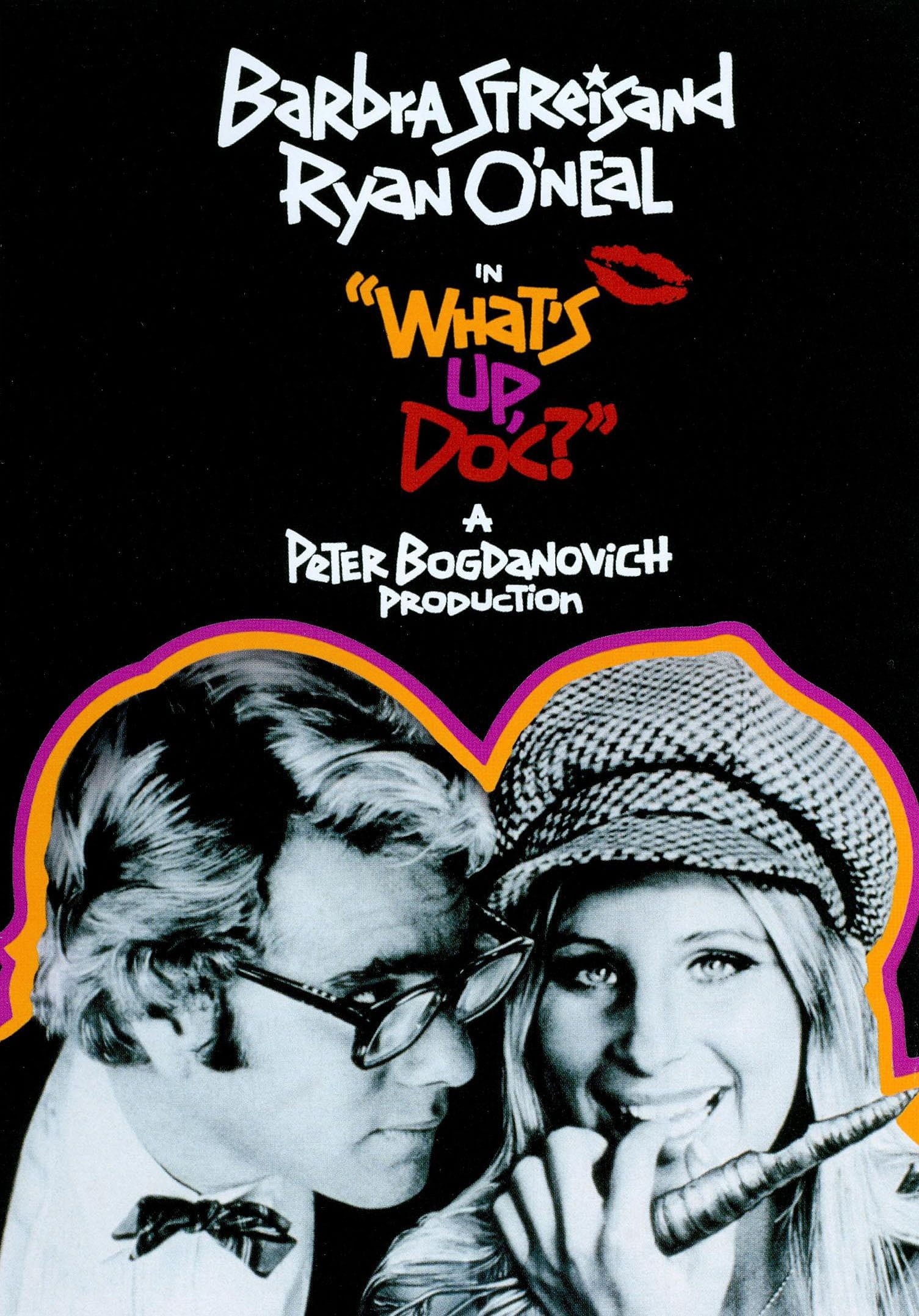 Barbra Streisand, Ryan O’Neal in “What’s Up Doc?”, a Peter Bogdanovich Production, over a black and white photo of Ryan O’Neal and Barbra Streisand surrounded by bright orange and purple outlining