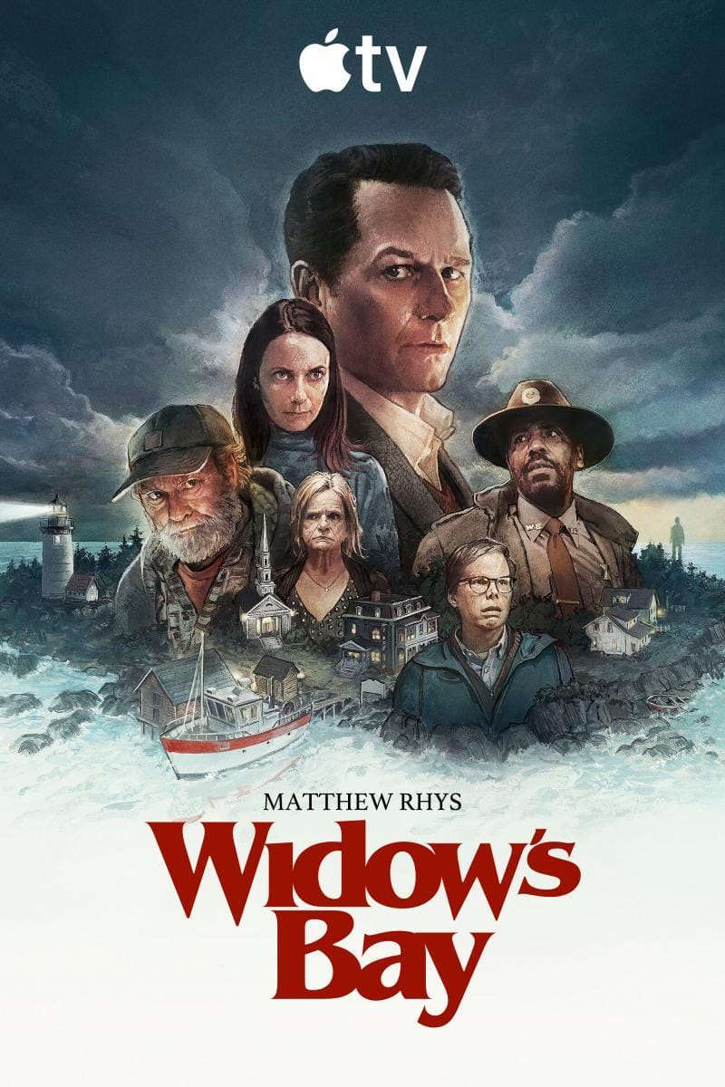 Widow’s Bay key art, showing the cast over a boat docked at an island under a stormy sky, in the style of a painting