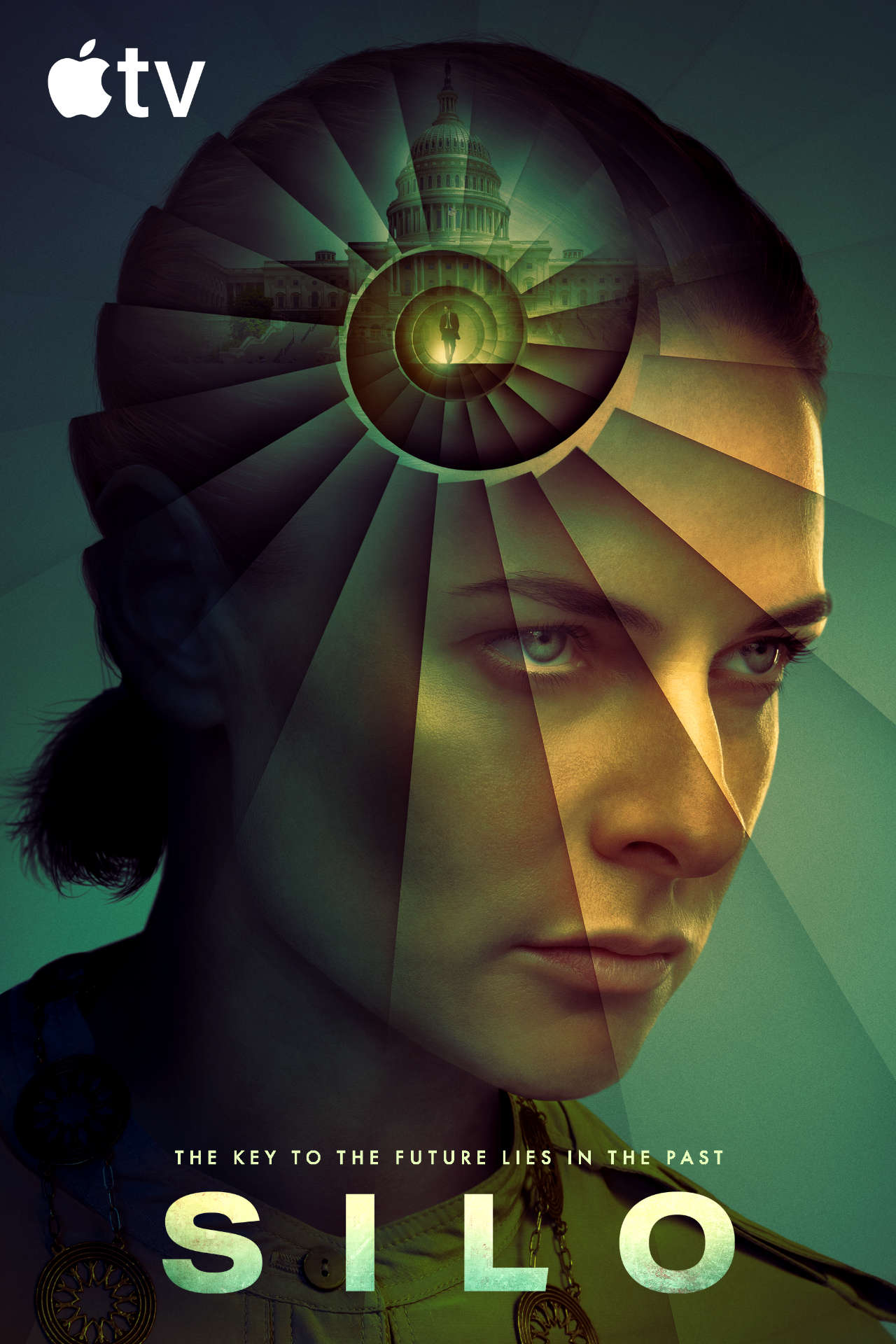 Silo season 3 key art, showing a headshot of Rebecca Ferguson as Juliet, with a golden-ratio spiral staircase superimposed over her head, and the center of the spiral leads to the capitol building in DC, and a man in a suit and tie