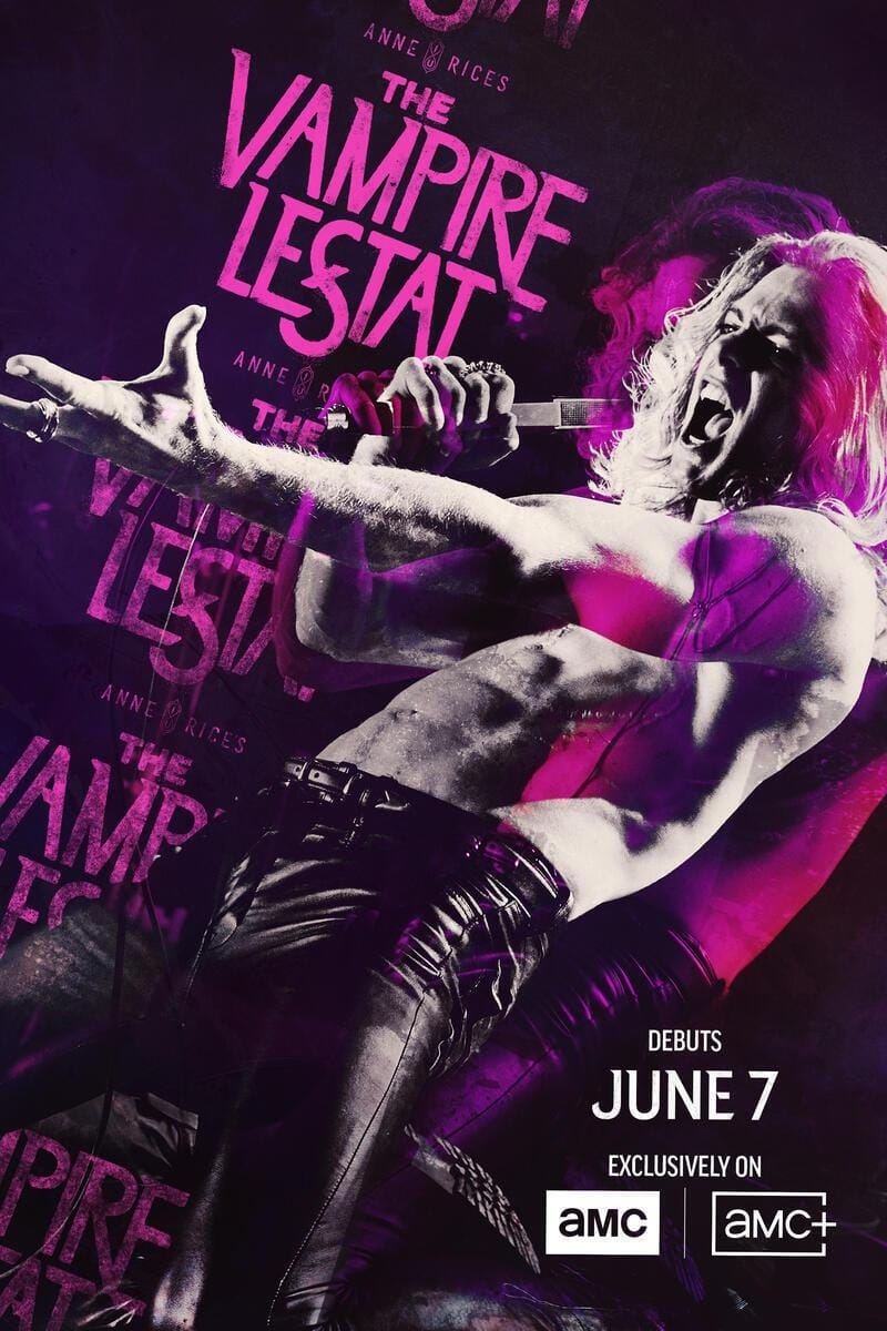 Black and white key art, with hot pink accents, for The Vampire Lestat, showing a shirtless Lestat on stage singing like a rock star, in leather pants