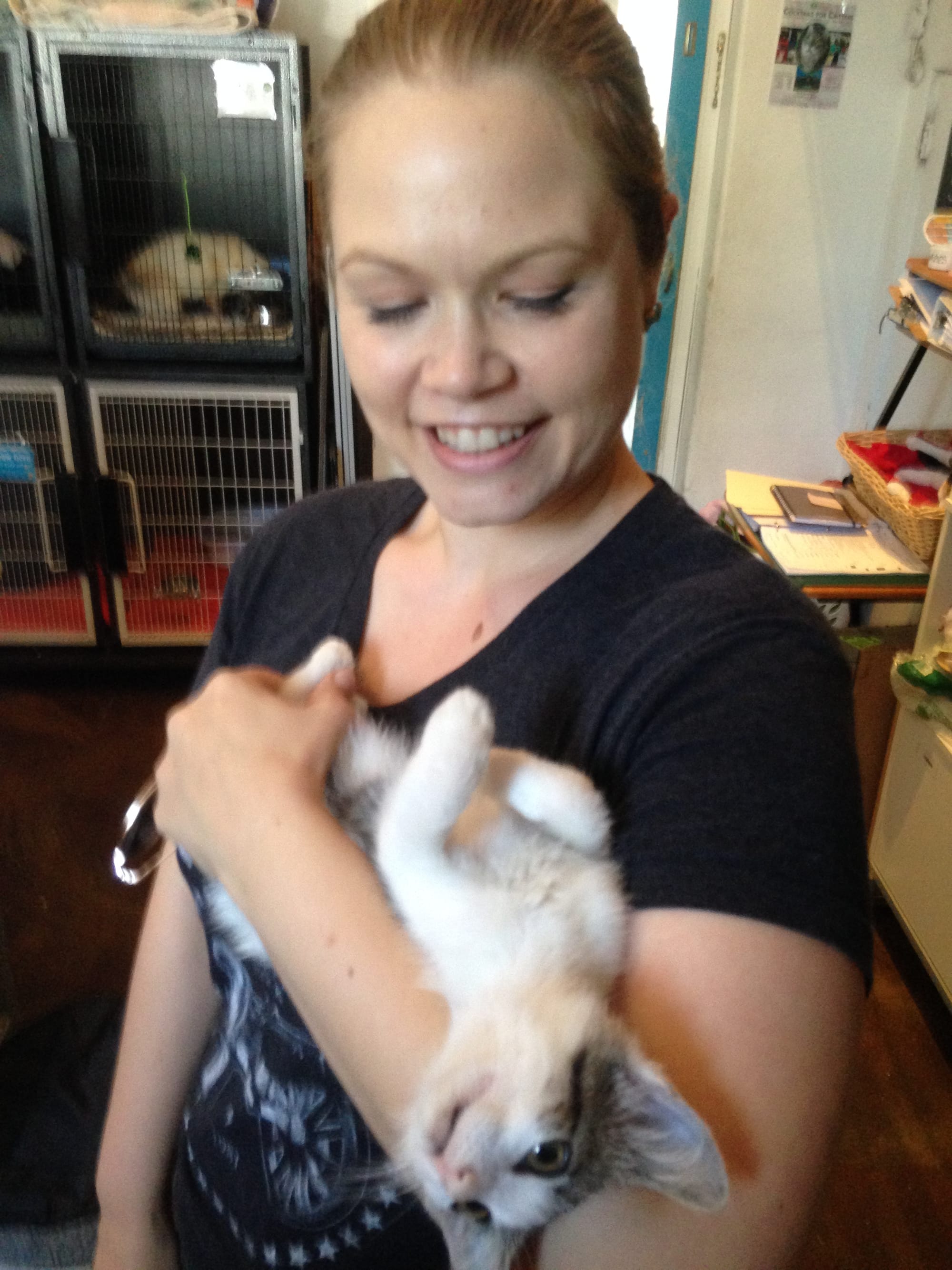 Susan holding kitten dirtbag henry, who’s on his back and looking around upside down