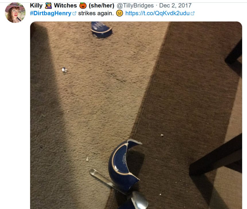 Social media post tilly made on Dec 2, 2017 that reads: Dirtbag Henry strikes again, with a photo of a broken bowl on the floor