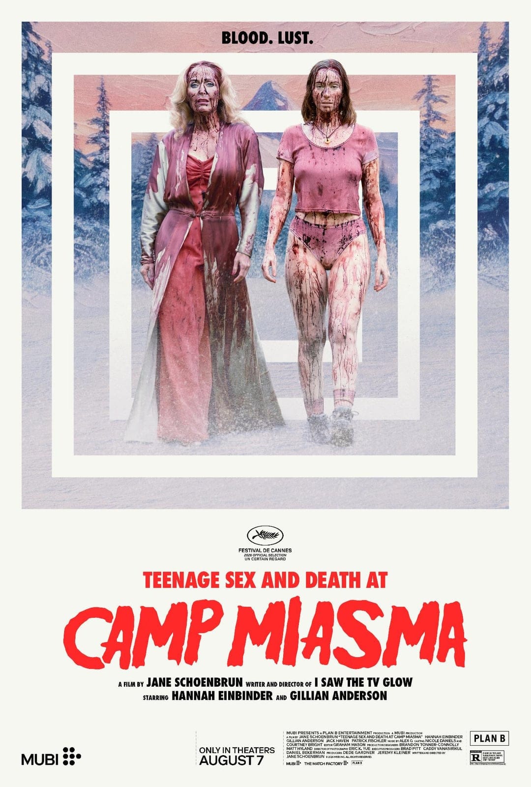 Teenage sex and Death at Camp Miasma poster, showing Gillian Anderson and Hannah Einbinder walking outside in the snow, covered in blood, with a series of concentric squares fading to the background behind them