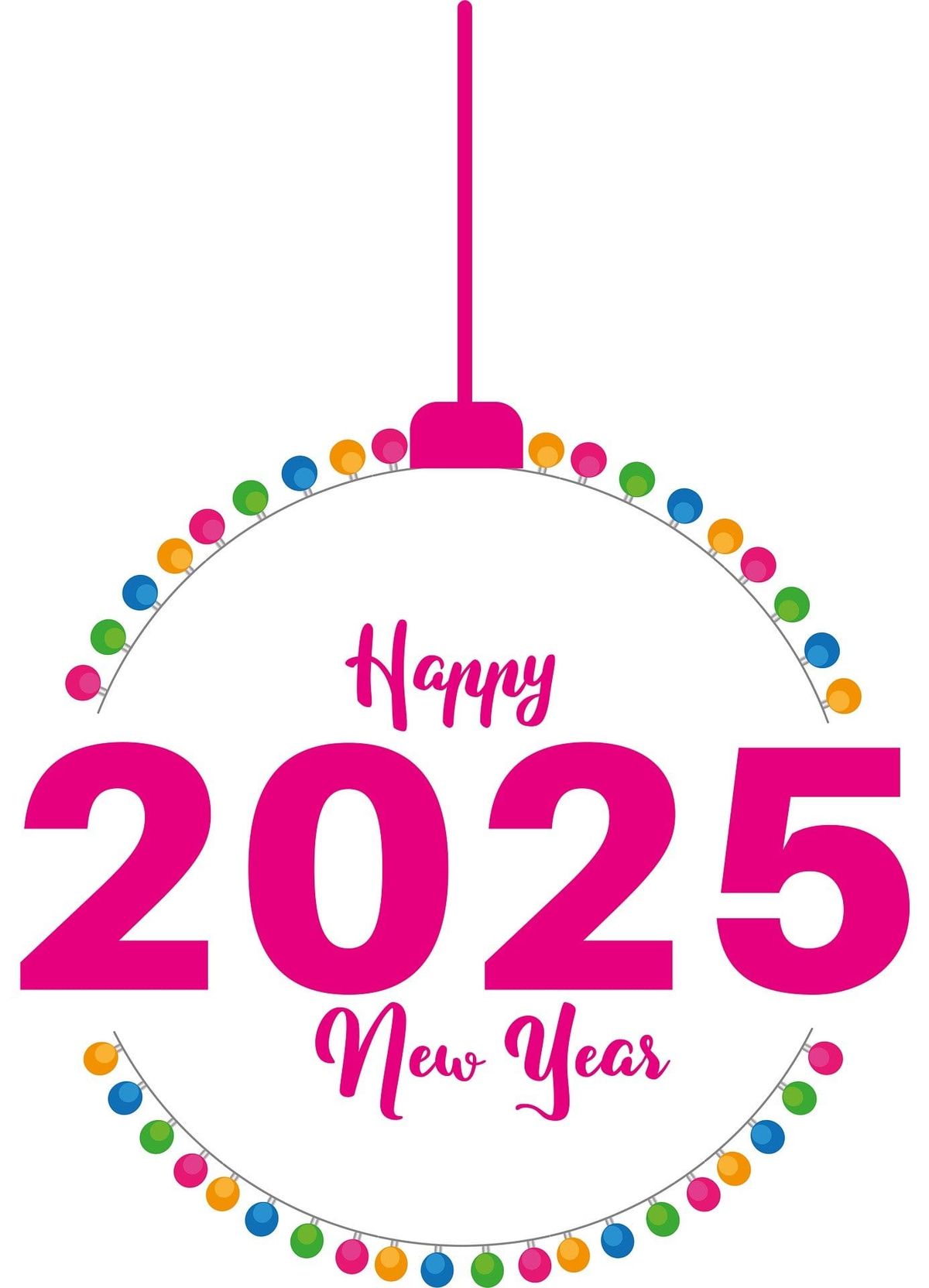Happy New Year 2025 in pink text with multicolored lights around it in a circle