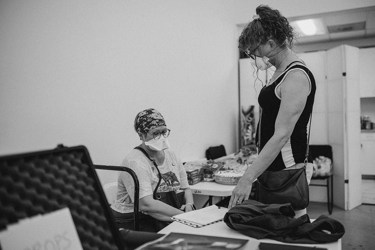 A black and white photo of us by the craft services table during our short film shoot. 