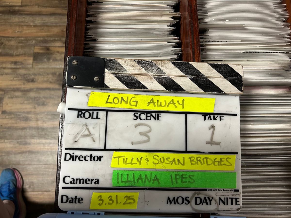 Slate from the Long Away short film shoot, Roll A, Scene 3, Take 1, Director Tilly & Susan Bridges, Camera Iliana Ipes, Date 3-31-25