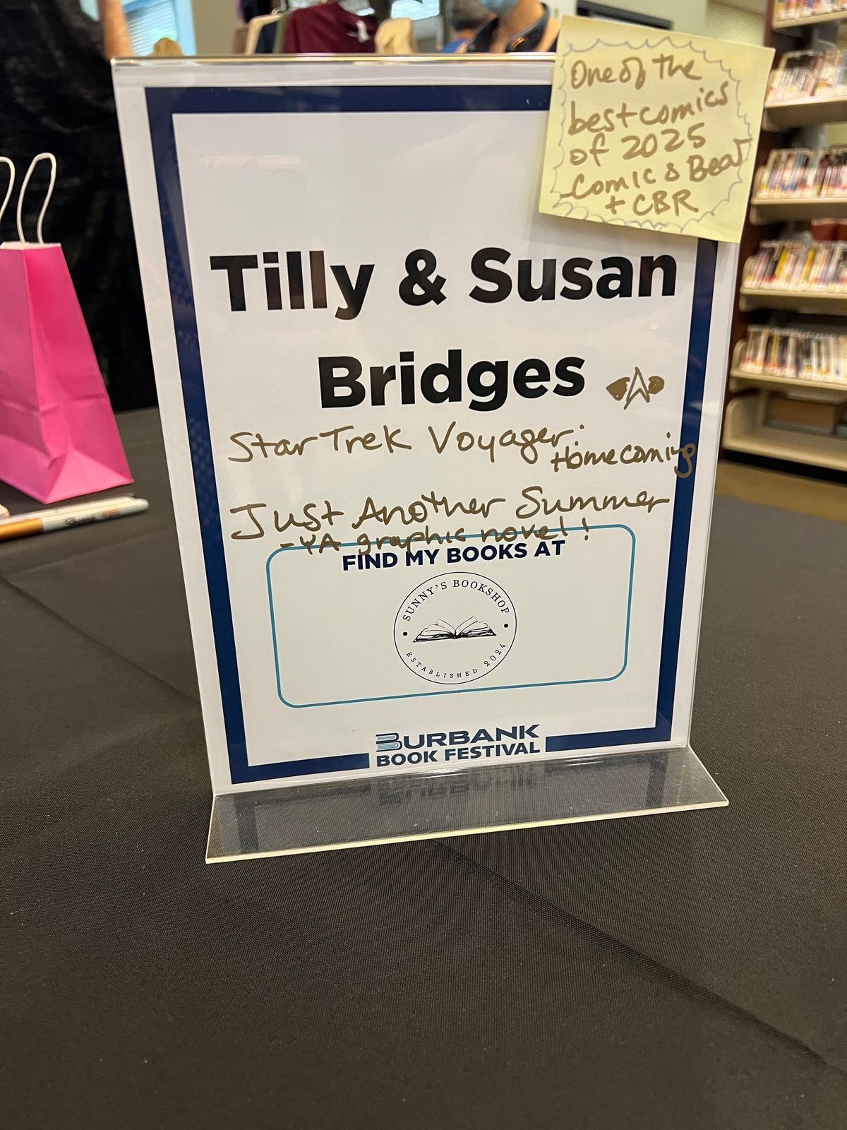 Sign reading "Tilly & Susan Bridges at the Burbank Book Festival"