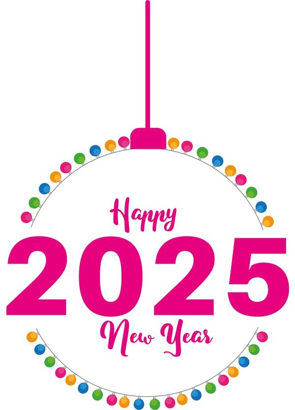 Happy New Year 2025 in pink text with multicolored lights around it in a circle
