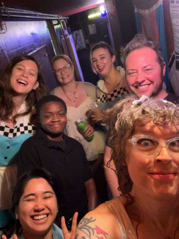 Selfie of the Robo Waitress Assassins cast backstage before the show