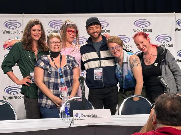 Griffin Kelly, Susan, Tilly, Justin Lawrence Barnes, Jessie Earl, and Erin Macdonald posing for a group photo after our panel.