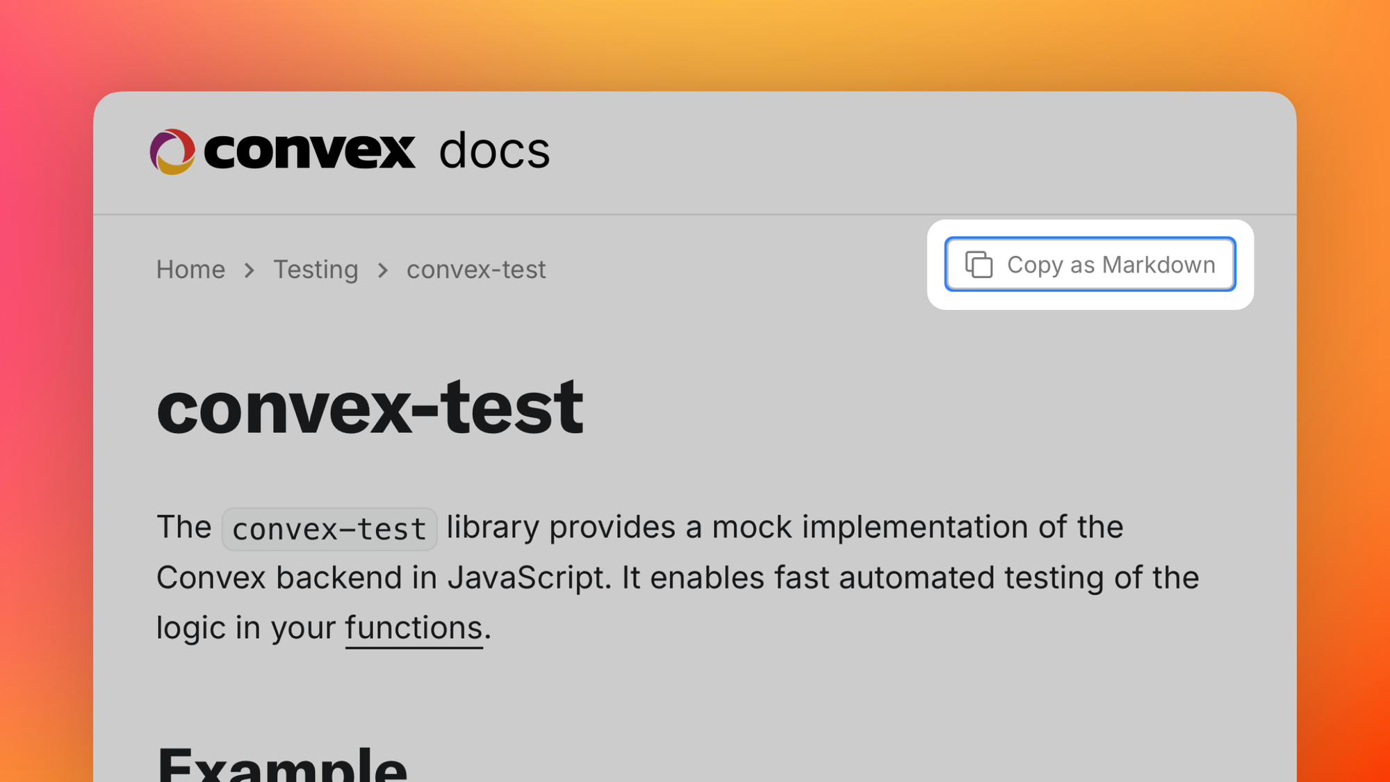 Screenshot of Convex Docs. The “Copy as Markdown” button is highlighted.