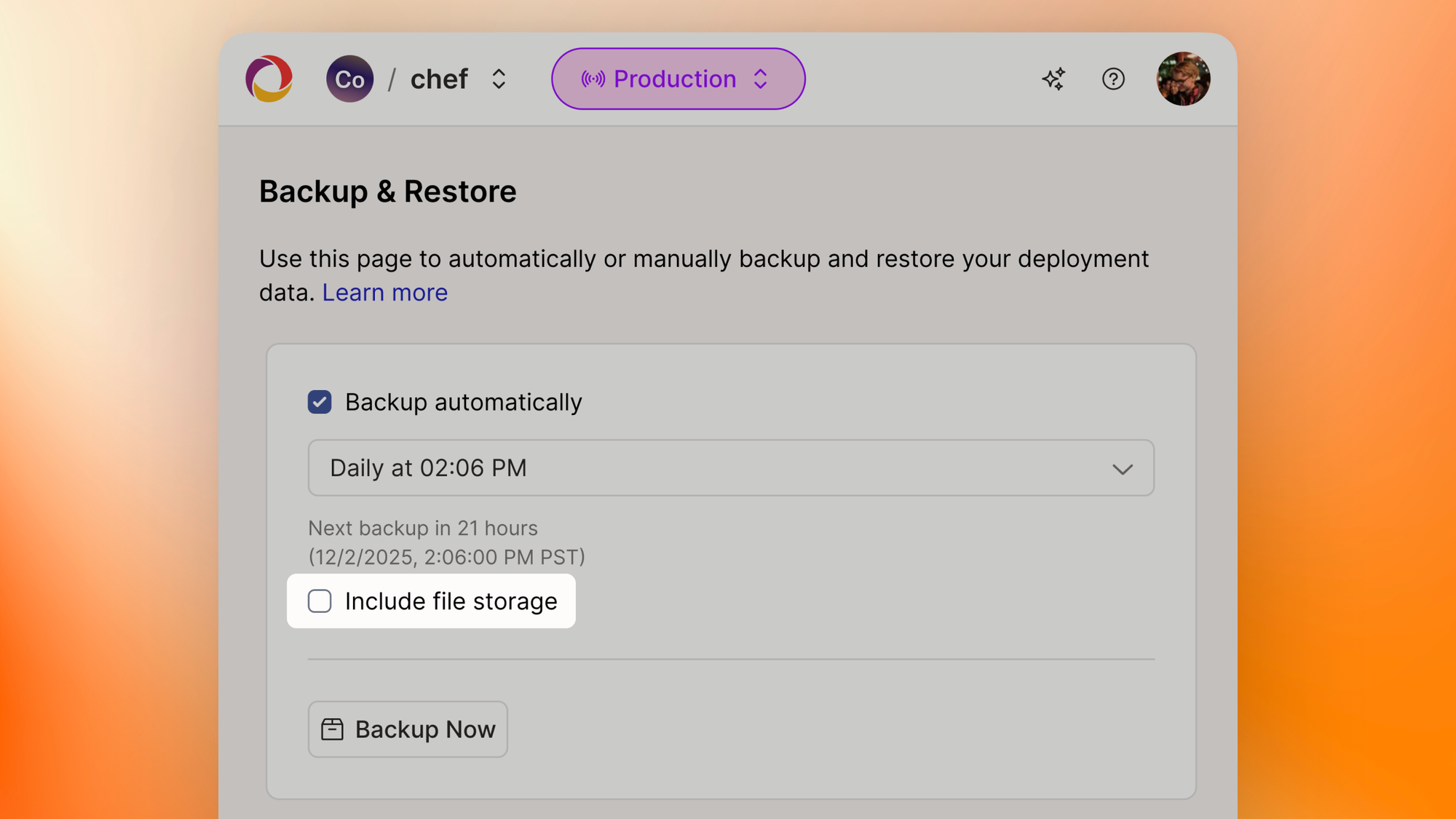 Screenshot of the Backup page on the Convex dashboard. The checkbox “Include file storage” is highlighted.