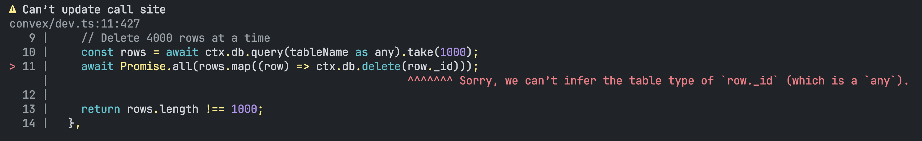 Codemod tool: “Sorry, we can’t infer the table type of `row._id` (which is a `any`)”