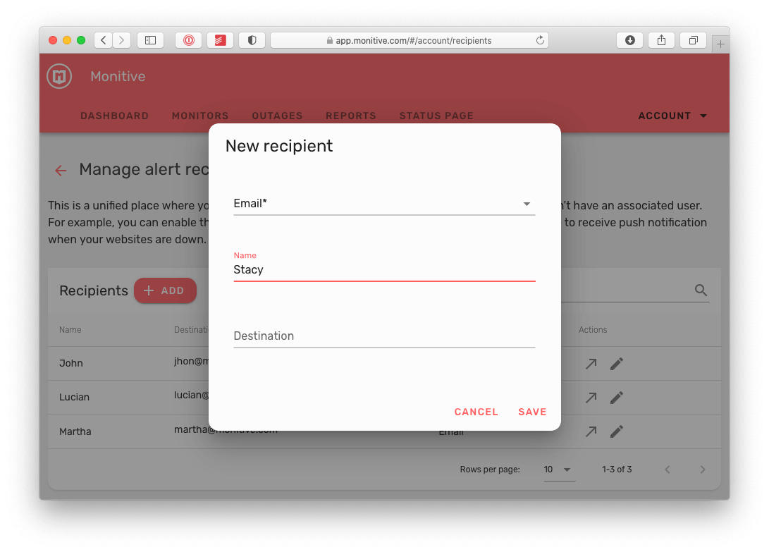 Send outage alerts to arbitrary emails